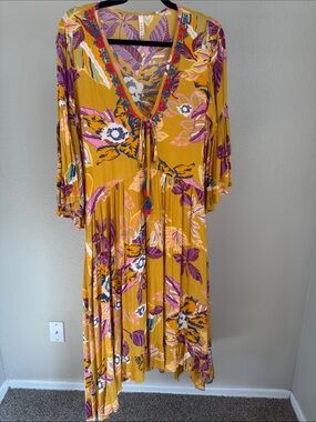 RAGA Mustard Floral Asymmetrical V-Neck Dress with Tassel Tie